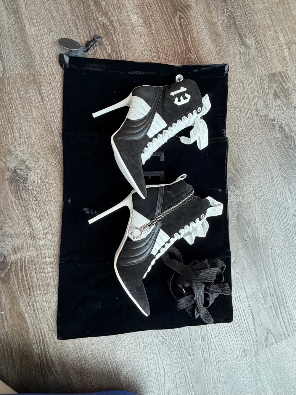 Black and White Lace-Up Stiletto Ankle Boots - Picture 4 of 9